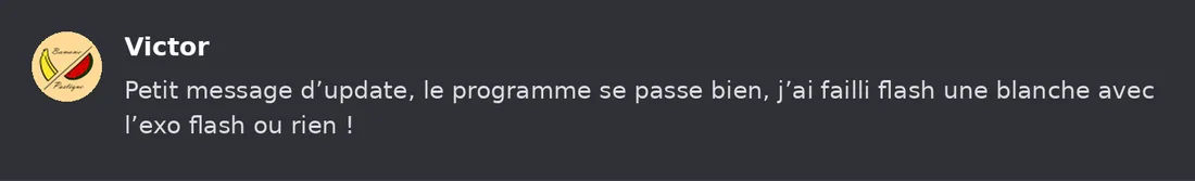 Capture Discord : Victor « Petit message d’update, le programme se passe bien, j’ai failli flash une blanche avec l’exo… »