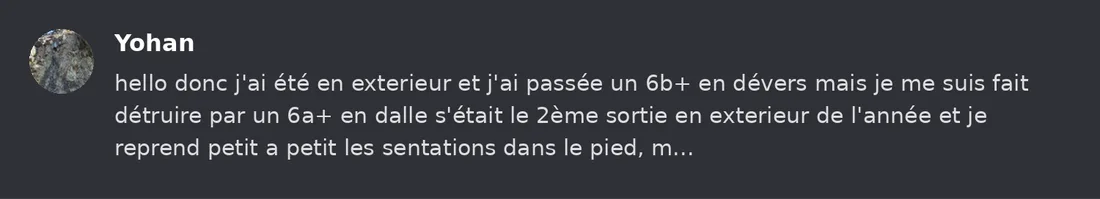 Capture Discord : Yohan K. « hello donc j'ai été en exterieur et j'ai passée un 6b+ en dévers mais je me suis fait… »