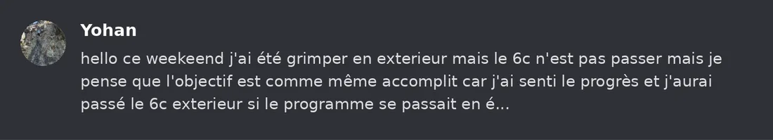 Capture Discord : Yohan K. « hello ce weekeend j'ai été grimper en exterieur mais le 6c n'est pas passer mais je pense… »